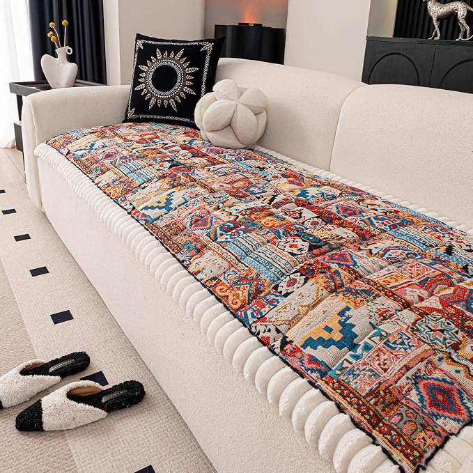 STACYPIK Boho Ethnic Dogs Couch Covers Washable, Pet-Scratch Resistant Sofa Cover for 3 Cushion Couch, Soft Plush Coral Non-slip Cushion Cover, Retro Aesthetic Jacquard Furniture Protector-27.6X82.7IN - Image 8