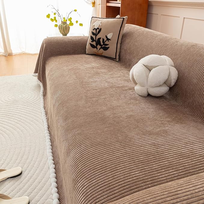VClife Boho Couch Cover, Thickened Furniture Protector, Khaki, 71"X150" | Heavy-duty Pet Resistant Thick Chenille Fabric, Modern Striped Pattern, Fluffy Pom-pom Trim, Kids & Pets Household Friendly - Image 7
