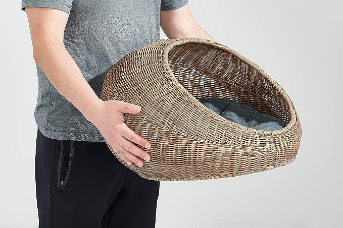 D+GARDEN Wicker Cat Bed Dome for Medium Indoor Cats - a Covered Cat Hideaway Hut of Faux Rattan Houses Pets in Dome Basket, Washable - Image 9
