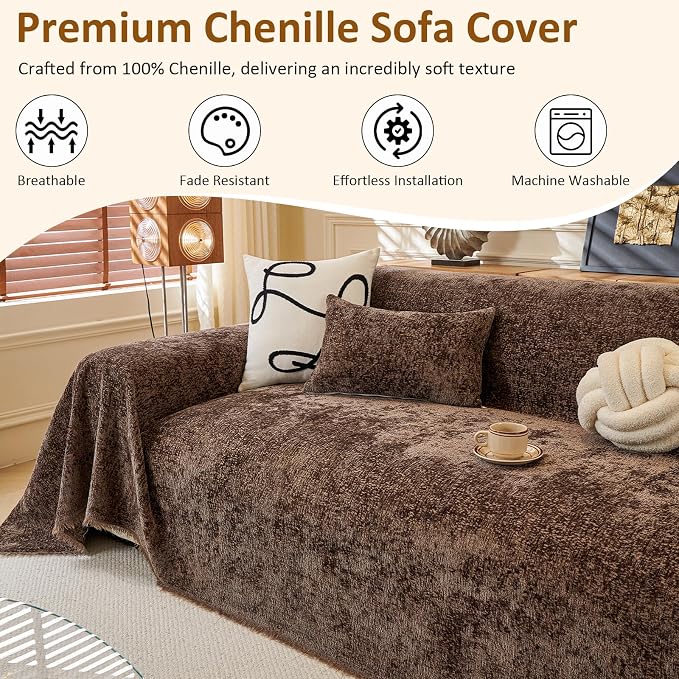 Brown Slub Chenille Couch Cover Slub Sofa Cover XXL 71"x150" | for Sectional Sofa, Thick Long-Lasting Slipcover for Dog Pet Solid Chocolate Brown Furniture Protector 3 Cushion Sofa Cover - Image 3