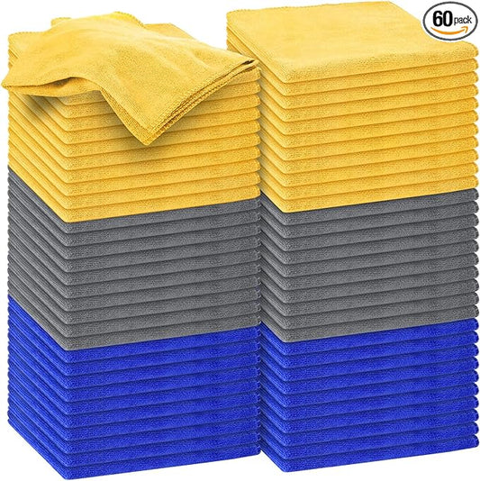 Nuenen Microfiber Cleaning Cloths for Cars 16 x 16 Inch Ultra Absorbent Car Towels Drying Reusable Cleaning Supplies House Kitchen Window Microfiber Towel(Blue, Gray, Yellow,60 Pcs) by Nuenen