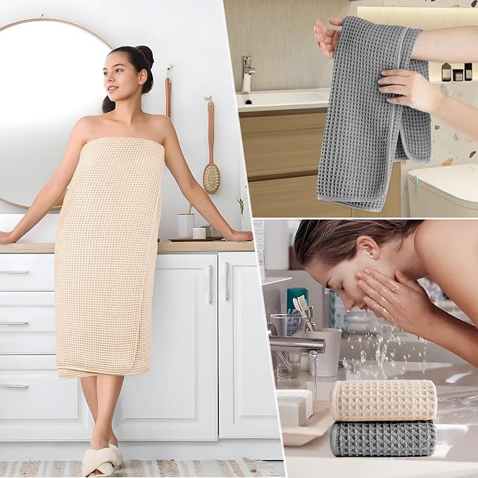 POLYTE 430 GSM Microfiber Quick Dry Lint Free Oversize Bath Towel Set, 6 Piece (Waffle Weave) - Image 5
