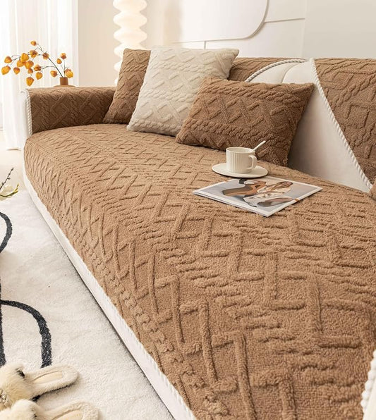 OTOB Couch Covers for Dogs Washable, Non Slip Geometric Jacquard Plush Sofa Slipcovers Furniture Protector, All Seasons Pet Couch Covers for 3 Cushion Couch Sofa, 1 Piece (Coffee, 35.4"x82.7") by OTOB