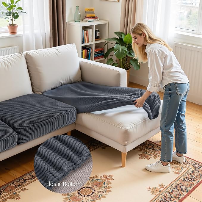 Hokway Chaise Cover and Couch Cushion Covers Set, Separate Sectional Sofa Cushion Slipcovers, Reversible Cushion Protector for L-Shaped Sofa(3 Pieces for Seater & 1 Piece for Chaise, Grey) - Image 4