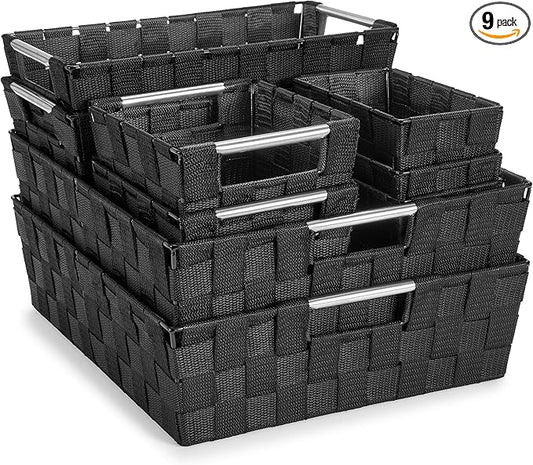 Sorbus Set of 9 Woven Storage Baskets – Mesh Hand-Woven Baskets for Organizing, Fabric Storage Bins for Linen Closet Organizer, Storage Baskets for Shelves, Home Organization and Decor (Black) by Sorbus