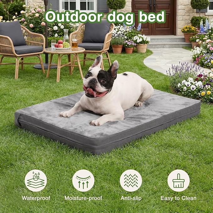 Waterproof Dog Bed Medium Size Dog, Washable Crate Pad 30" Orthopedic Gray | Outdoor Pet Bed Foam, Reversible Faux Leather & Flannel, Removable Cover,Anti-Slip Kennel Pad 29"x18" - Image 3