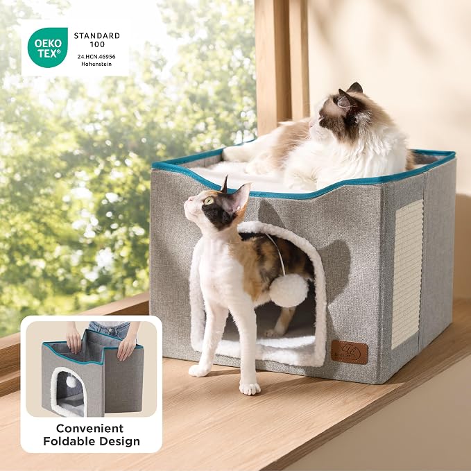 Bedsure Cat House Bed for Indoor Cats with Fluffy Ball and Scratch Pad | Dark Grey 16.5x16.5x13 in,Large Cat Cave for Multiple Pets,Foldable Cat Hideway Cube for Sleeping Kitten - Image 5