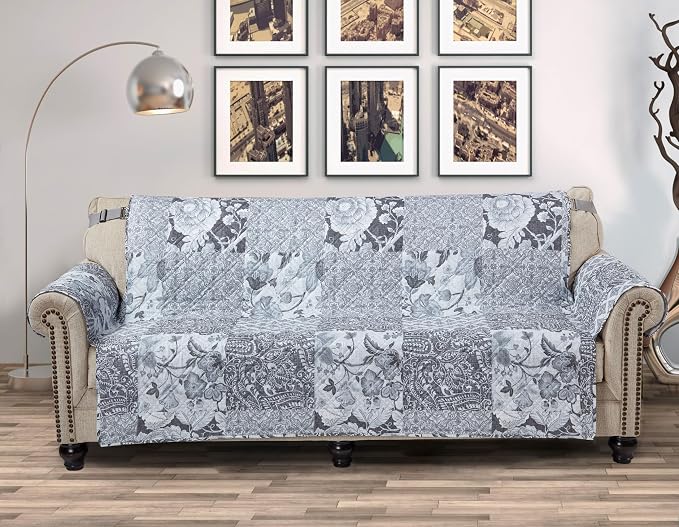 Brilliant Sunshine Multi Grey Flowers Couch Cover, 70" seat | Patchwork Design, Non Slip Sofa Cover, Quilted Furniture Protector, Large Washable Slipcover for Pets, Dogs & Cats by BrilliantSunshine