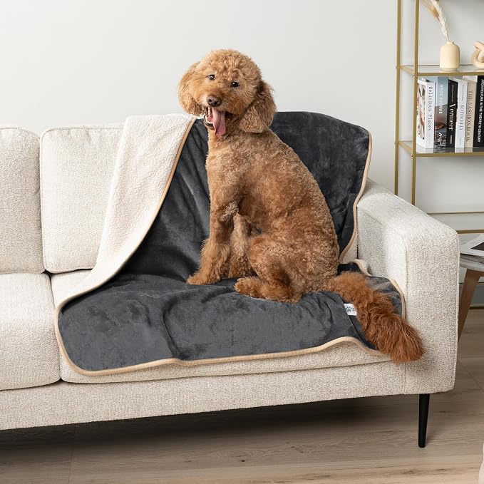 PetAmi Waterproof Dog Blanket for Medium Large Dogs, Pee Proof Pet Blanket for Couch Bed, Reversible Water Proof Blanket for Puppy Indoor Cat, Soft Dog Fleece Blankets Washable, 40x60 Gray/Beige - Image 2