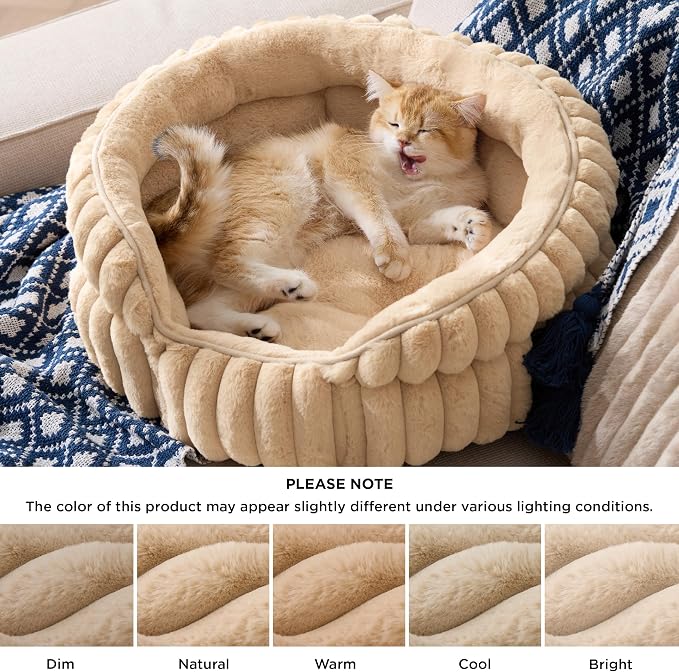 Bedsure ComfyFleece™ Washable Cute Large Cat Bed,Soft Round Puppy Bed,23in | Cozy Fluffy Plush Small Dog Bed,Donut Corduroy Cuddler Pet Beds for Indoor Big Cats,Anti-Slip Bottom,Up to 20 Lbs,Sandy Beige - Image 2