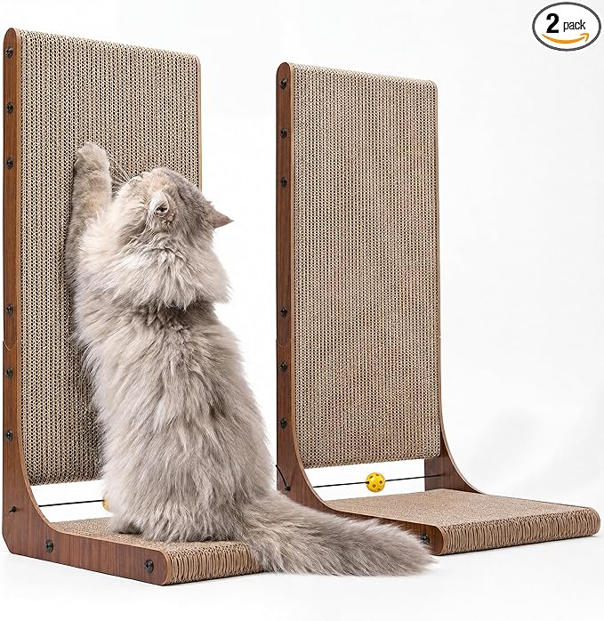 FUKUMARU Cat Scratcher 2 Packs, 25 Inch Cat Scratching Boards, L Shaped Pad | Cardboard Cat Scratcher for Indoor Cats, Vertical Scartch Pads with Ball Toy, Kitten Scratching Post Wall, Walnut Color by FUKUMARU