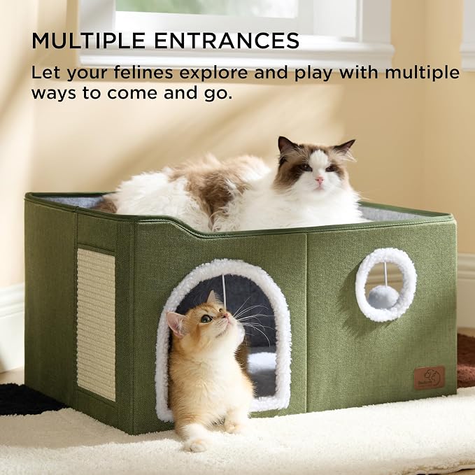 Bedsure Extra Wide Cat House Bed with Fluffy Ball and Scratch Pad | Loden Green,23.6x16.9x13 in,Indoor Cat Cave for Multiple Pets, Foldable Cat Hideway Cube for Sleeping Large Cat and Kitten - Image 3