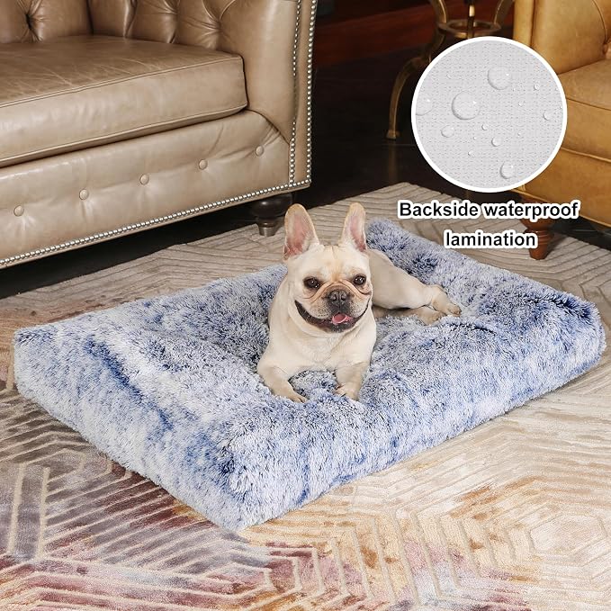 Bedfolks Plush Dog Crate Bed, Washable Cover, Faux Fur, Large, 35"x23", Dark Blue - Image 2
