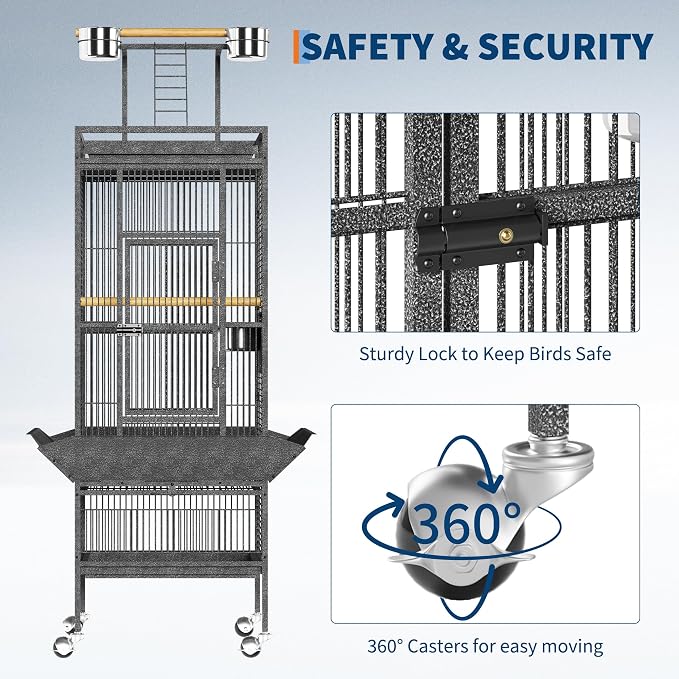 61Inch Bird Cage with Play Top, Extra Large Bird Cage with Wood Perches, Feeder for Parakeets, Canaries, Lovebirds, Small Quaker, Cockatiels, Budgie (60" h) - Image 3