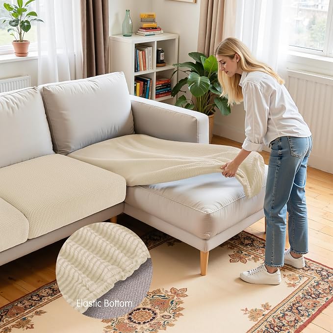 Hokway Chaise Cover and Couch Cushion Covers Set, Separate Sectional Sofa Cushion Slipcovers, Reversible Cushion Protector for L-Shaped Sofa(3 Pieces for Seater & 1 Piece for Chaise, Creamwhite) - Image 3