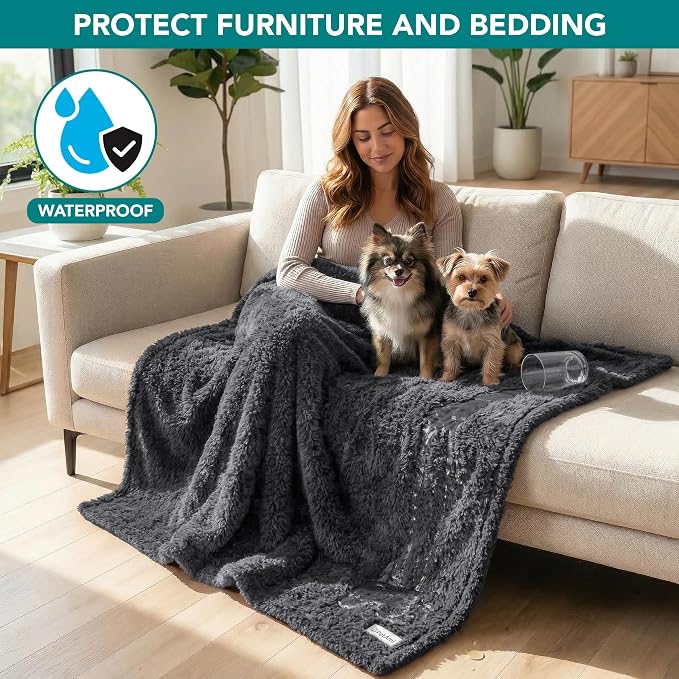 PetAmi Fluffy Waterproof Dog Blanket for Couch and Bed, Reversible Sherpa Pet Throw, Pee Proof Furniture Protector Sofa Cover, Washable Cat Blanket for Small Medium Dogs and Cats (Grey, 24x32) - Image 2