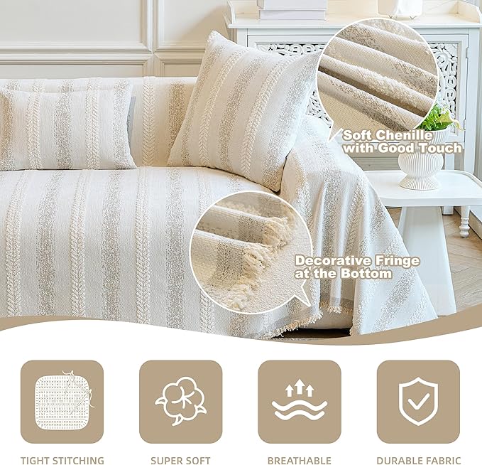Couch Cover for Dogs Washable Sofa Cover, Sectional Couch Covers, Sofa Covers for 2 Cushion Couch, Non Slip Stripe Sofa Slipcovers Furniture Protector (Beige, 91 * 150) - Image 4