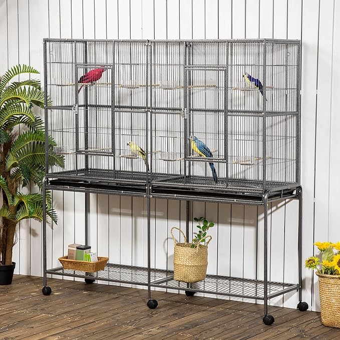 PawHut 65" Double Rolling Metal Bird Cage with Divider, Large Parrot Cage for Parakeet, Canaries, Lovebirds, Budgie, Finch, with Detachable Rolling Stand, Storage Shelf, Wood Perch & Food Container | for Parakeet, Canaries, Lovebirds, Budgie, Finch, De... - Image 2