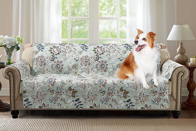 Brilliant Sunshine Green Vintage Beautiful Flowers Couch Cover, 70" seat | Non Slip Sofa Cover, Quilted Furniture Protector, Large Washable Slipcover for Pets, Dogs & Cats by BrilliantSunshine