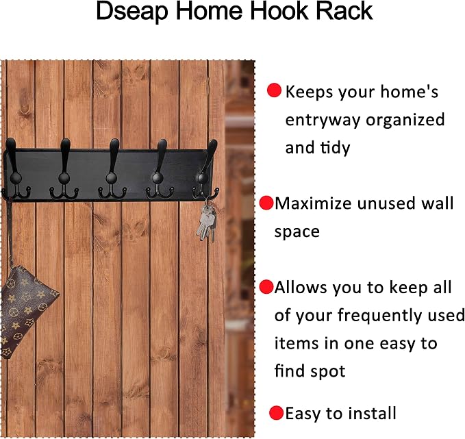 Dseap Coat Rack Wall Mounted - 5 Tri Hooks, Heavy Duty, Wooden Wall Coat Hanger Coat Hook for Clothes Hat Jacket Clothing, Black, Pack of 2 - Image 9