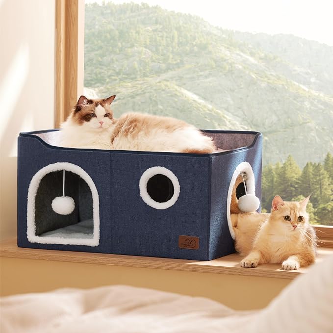 Bedsure Extra Wide Cat House Bed with Fluffy Ball and Scratch Pad,Blue | 23.6x16.9x13 in,Indoor Cat Cave for Multiple Pets, Foldable Cat Hideway Cube for Sleeping Large Cat and Kitten - Image 7