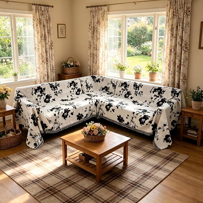 1OO% Waterproof Sectional Couch Covers for Dogs L Shaped Corner Sofa Cover Washable Chenille Sofa Slipcovers Blanket Modern Jacquard Pet Furniture Protector (91"x276", Black Flower) - Image 2