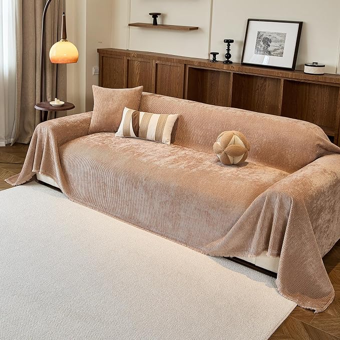 VClife Vintage Camel Striped Couch Cover with Tassel, 71" X 150" | Soft Thick Chenille Couch Covers for 3 Cushion Couch Sofa, Washable Sofa Covers for Sectional Sofa, Fade & Shrink Resistant - Image 4