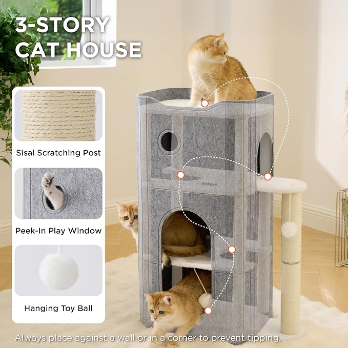 Bedsure 3-Level Cat Tree for Indoor Cats with Scratching Post,Grey | 22.5x31.5x13in,Cat Bed Condo for Multiple Pets with Fluffy Ball,Hideaway Cave for Kitten to Sleeping Play - Image 2