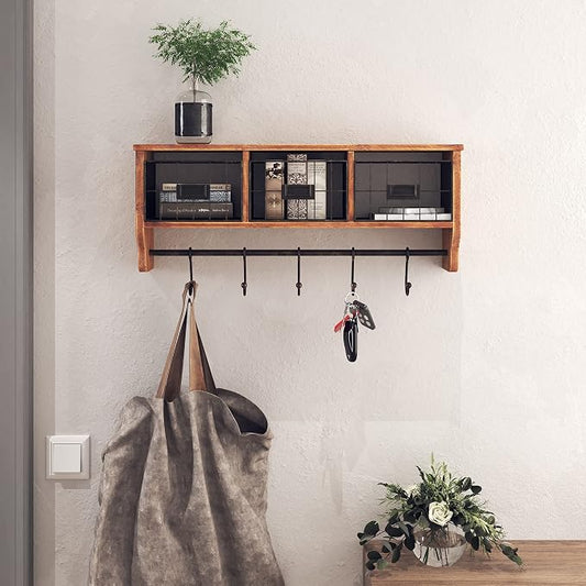 HBCY Creations Wall Mounted Shelf with Coat Hooks and Baskets, Solid Wood Entryway Organizer Wall Shelf with Hooks - Hang Coats, Keys or Coffee Mugs, Rustic Brown 24" Wide by HBCYCreations