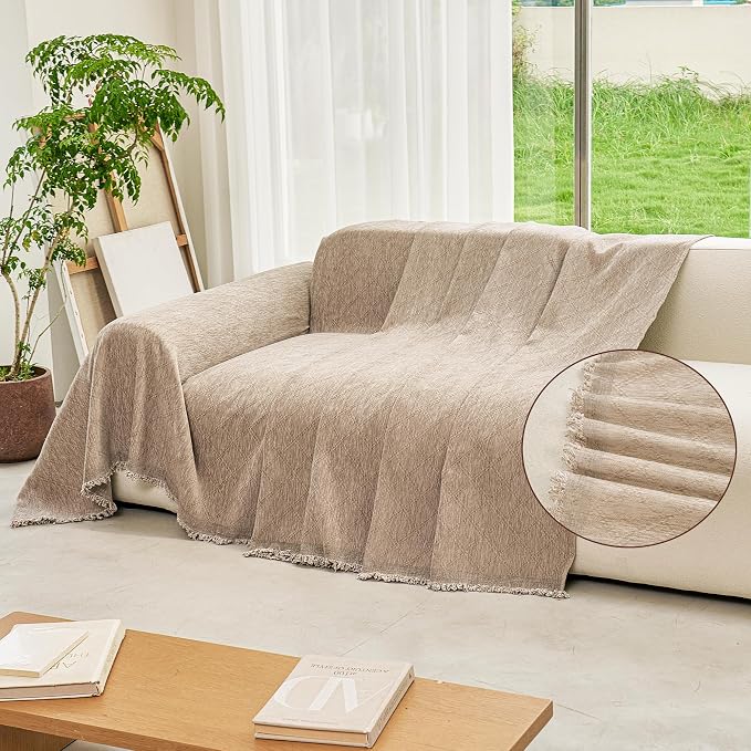 VANJOROY Boho Oversized Couch Sofa Cover for 3-4 Cushion Sectional Sofa L-Shape -Washable Chenille Couch Cover for Dogs Pets, Khaki Couch Cover Protector Soft Sofa Slipcovers with Tassel,91"x 150" - Image 7