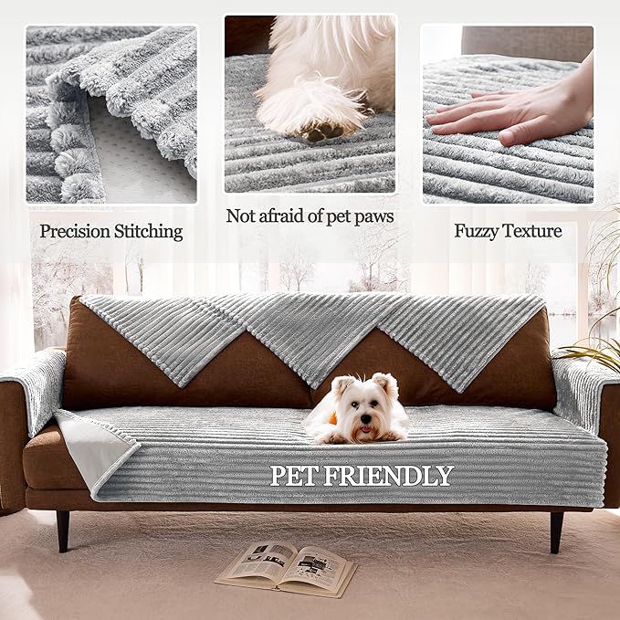 Dual Non-Slip Couch Cover for Dogs Waterproof, Fuzzy Soft Pet Couch Covers for Sofa 3 Cushion, Pet Friendly Soft Dog Bed Covers Sofa Cover Washable (Seagull Gray, 33" x 75" 1 Pack) - Image 4