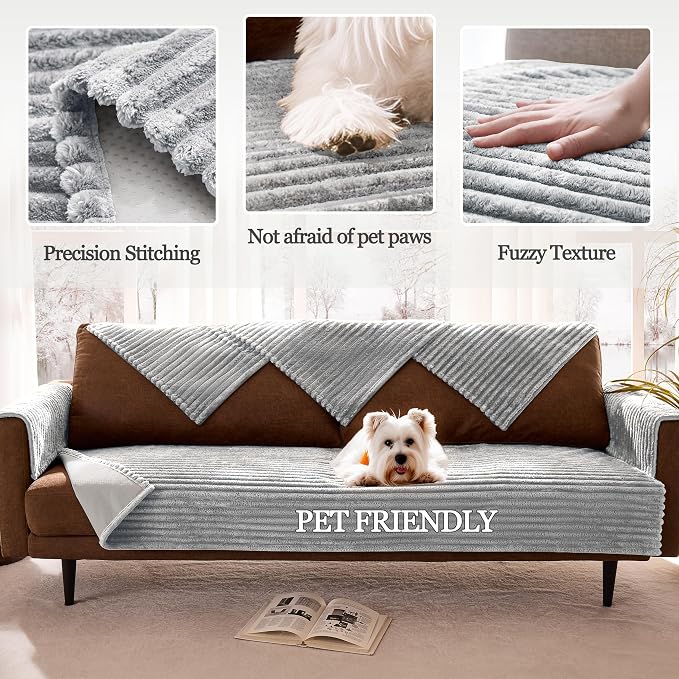 Dual Non-Slip Couch Cover for Dogs Waterproof, Fuzzy Soft Pet Couch Covers for Sofa 3 Cushion, Pet Friendly Soft Dog Bed Covers Sofa Cover Washable (Seagull Gray, 33" x 85" 1 Pack) - Image 4