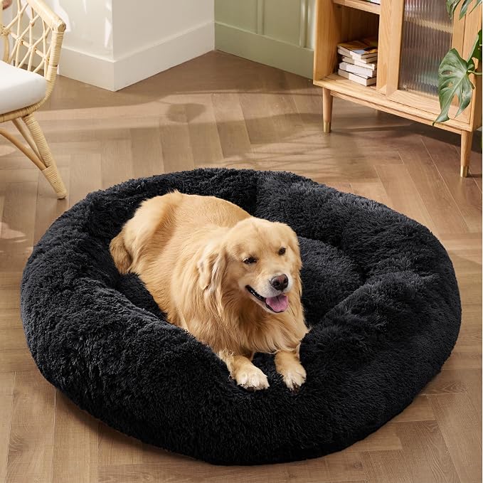 Bedsure Calming XL Dog Bed Donut Washable Extra Large Pet Bed,45ins Black | Fluffy Faux Fur Round Cuddler,Machine Washable,Anti-Slip Bottom,Anti-Anxiety,Deep Sleeping for Pets Up to 120 Lbs - Image 4