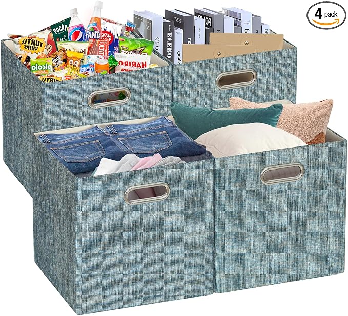Posprica Storage Basket Bins,13×13×13 Foldable Storage Boxes Fabric Drawer Cubes for Closet Shelf Cabinet Bookcase - Set of 4,Teal by Posprica
