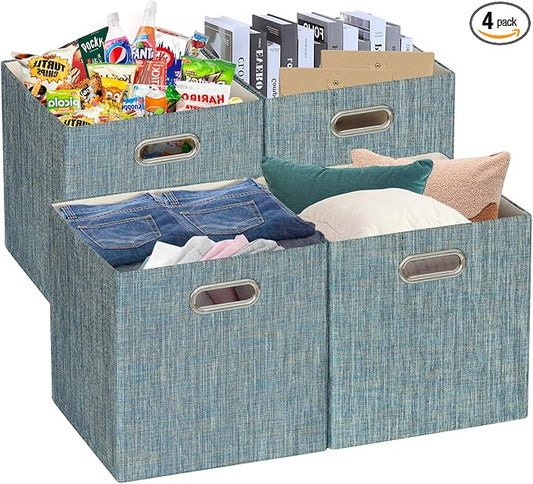 Posprica Storage Basket Bins,13×13×13 Foldable Storage Boxes Fabric Drawer Cubes for Closet Shelf Cabinet Bookcase - Set of 4,Teal by Posprica