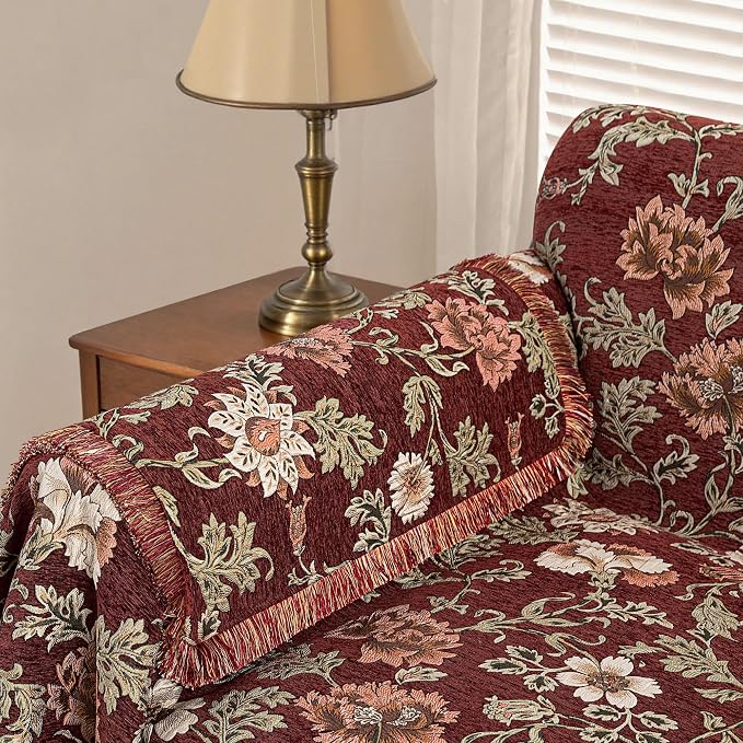 Loom and Mill Vintage Chenille Sofa Arm Covers 2 PCS, Rust Red, 20x24in | Rustic Floral Jacquard Couch Armrest Cover with Fringe Trim, Non-Slip Furniture Protector for Chair Sofa Recliners Couch Dogs - Image 5