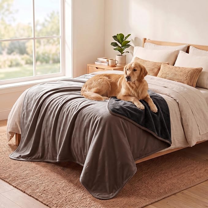 Waterproof Blanket - Reversible Dog Throw as Furniture Protector | Soft Velvet & Flannel, TPU Leak-Proof Liner, Machine Washable, Fits Couch and Bed, 82" x 108", Lightbrown/Darkbrown by TuffeelHome