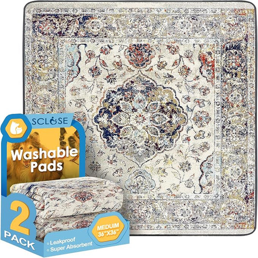 SCLOSE Washable Pee Pad for Dogs 2 Pack, 36" x 36" Reusable Puppy Pads Waterproof Dog Rugs, Super Absorbent, Leakproof, Dog Crate Pad, Playpen Mat, Whelping Pads, Vintage Medallion by SCLOSE