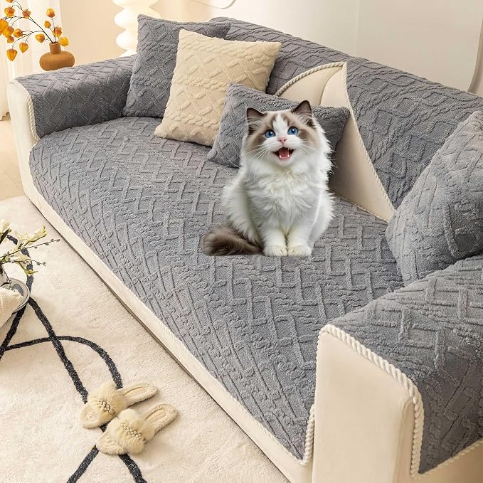 OTOB All Season Couch Covers for 3 Cushion Couch Sofa, Washable Plush Sofa Slipcovers Cozy Pet Furniture Protector, Geometric Jacquard Non Slip Soft Dog Couch Cover, 1 Piece (Light Gray, 27.6"x82.7") by OTOB