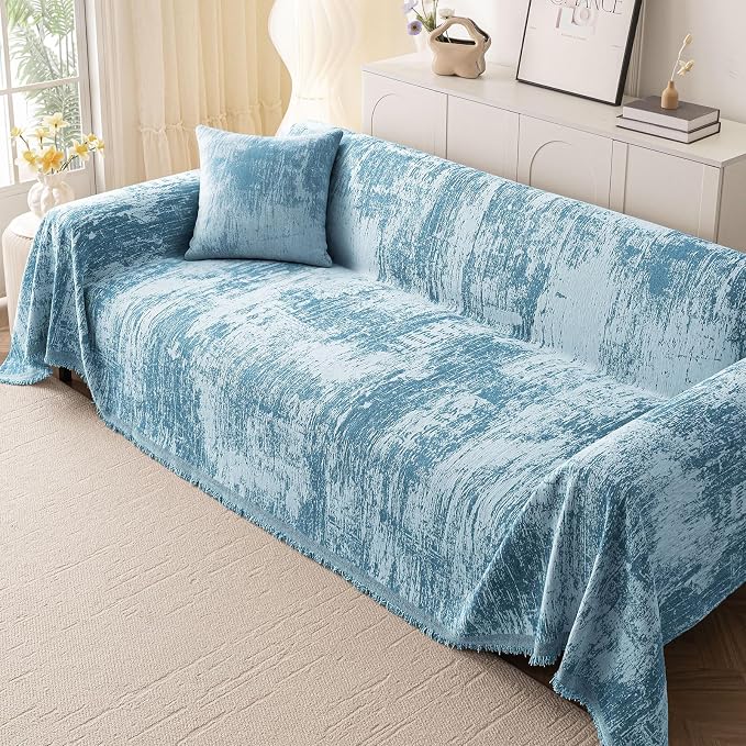 hyha Couch Cover for Dogs, Boho Chenille Sofa Cover for 3 Cushion Couch | Anti-Scratch Washable Sofa Slipcover, Loveseat Sectional Couch Throw Blankets with Tassels (Blue/White, 88.5x150 Inch) - Image 2