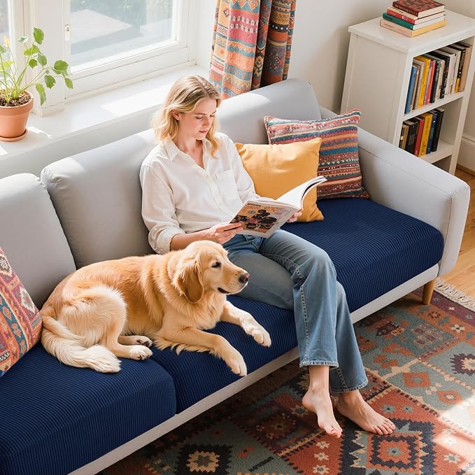 Hokway Stretch Couch Cushion Covers, 3 Piece Individual Sofa Cushion Slipcovers，Jacquard Sofa Seat Slipcover Set, Non-Slip Protector for Cushion (Darkblue,Small-3PC) - Image 4