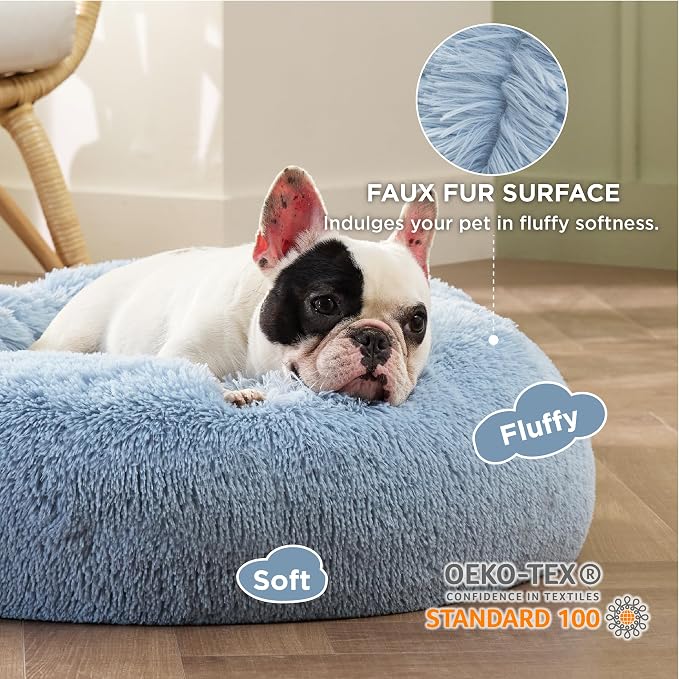 Bedsure Calming Small Dog Bed Donut Washable Cat＆Puppy Bed,23 inches | Fluffy Faux Fur Round Cuddler,Anti-Slip Bottom,Anti-Anxiety,Deep Sleeping for Large Cat & Pets Up to 25 Lbs,Light Blue - Image 2
