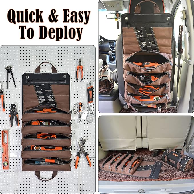 WELKINLAND Heavy-Duty Waxed Canvas Tool roll, 15-Pockets Tool Wrap Roll, 15L Tool Up Roll Bags, Tool Bag Roll, Tool roll organizer, Roll up tool bag organizer - Image 4