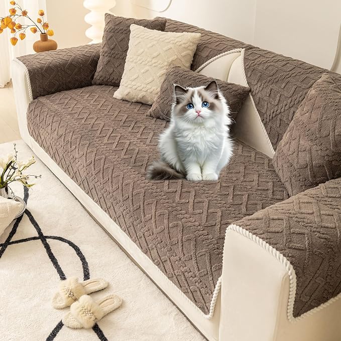 OTOB All Seasons Couch Covers for 3 Cushion Couch Sofa, Washable & Non Slip Geometric Jacquard Plush Sofa Slipcovers Pet Friendly Soft Furniture Cover Protector, 1 Piece (Chocolate, 27.6"x70.9") - Image 9
