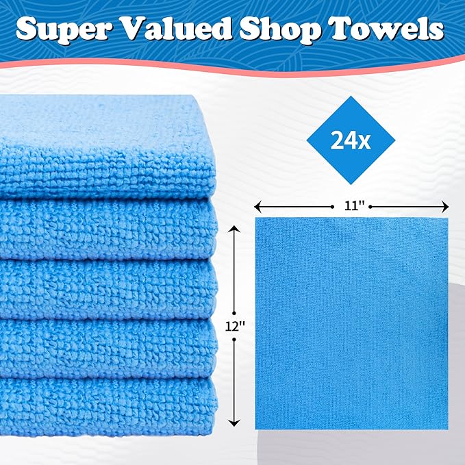 FIXSMITH Microfiber Cleaning Cloth, Shop Towels Bulk, 24 Pack Blue Microfiber Towels for Cars, All-Purpose Absorbent Cleaning Rags, Dust Cloth for Automotive, Mechanic, Garage, Bar, 12 x 11 inch - Image 2