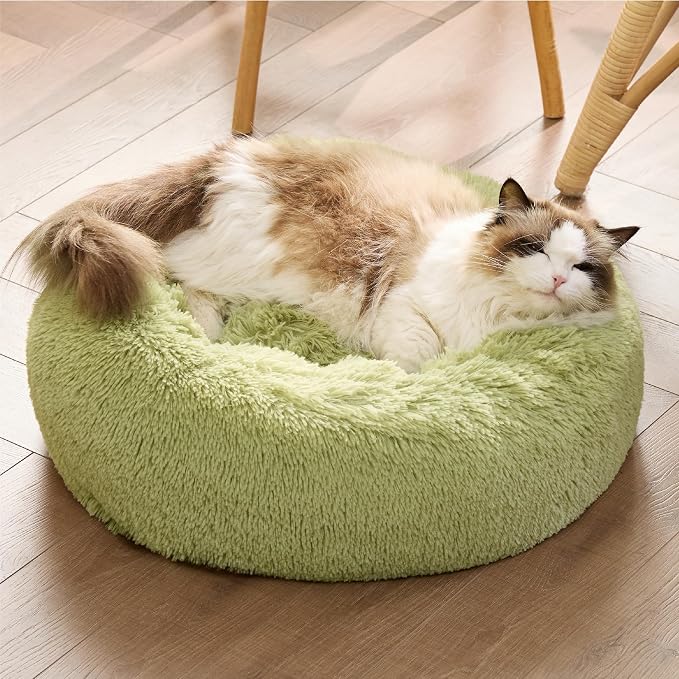 Bedsure Calming Cat Beds Donut Round Washable Kitten Bed,20 inches Green | Fluffy Faux Fur Cuddler,Anti-Slip Bottom,Anti-Anxiety,Deep Sleeping for Cats&Small Pets Up to 15 Lbs - Image 4