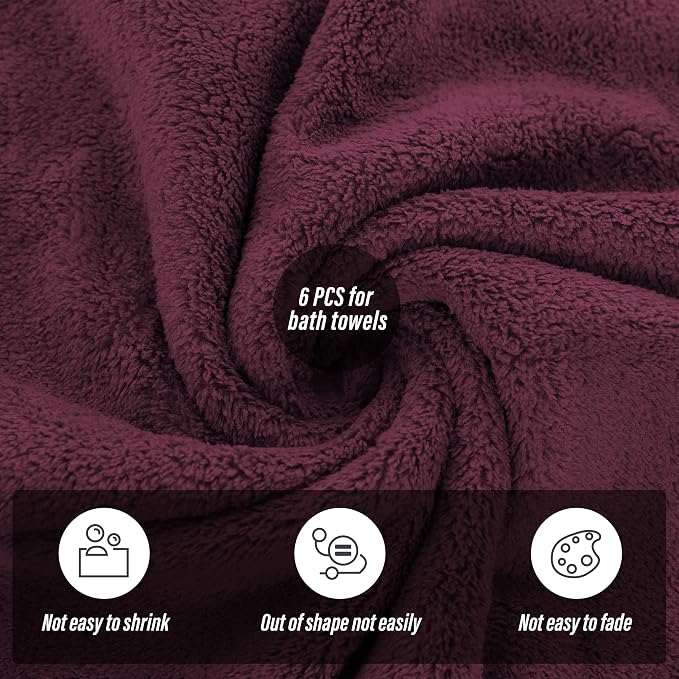 MOONQUEEN 6 Pack Premium Bath Towel Set - Quick Drying - Microfiber Coral Velvet Highly Absorbent Towels - Multipurpose Use as Bath Fitness, Bathroom, Shower, Sports, Yoga Towel (Burgundy) - Image 4