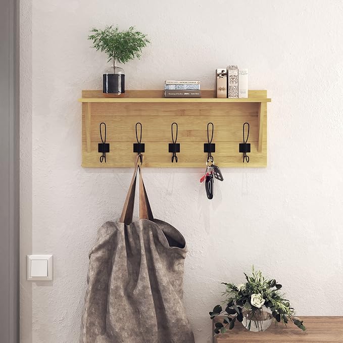 HBCY Creations Rustic Wall Mounted Coat Rack with Shelf - Solid Wood 24" Entryway Shelf with 5 Coat Hangers. Perfect Touch for Your Entryway, Mudroom, Kitchen, Bathroom and More, Bamboo - Image 6