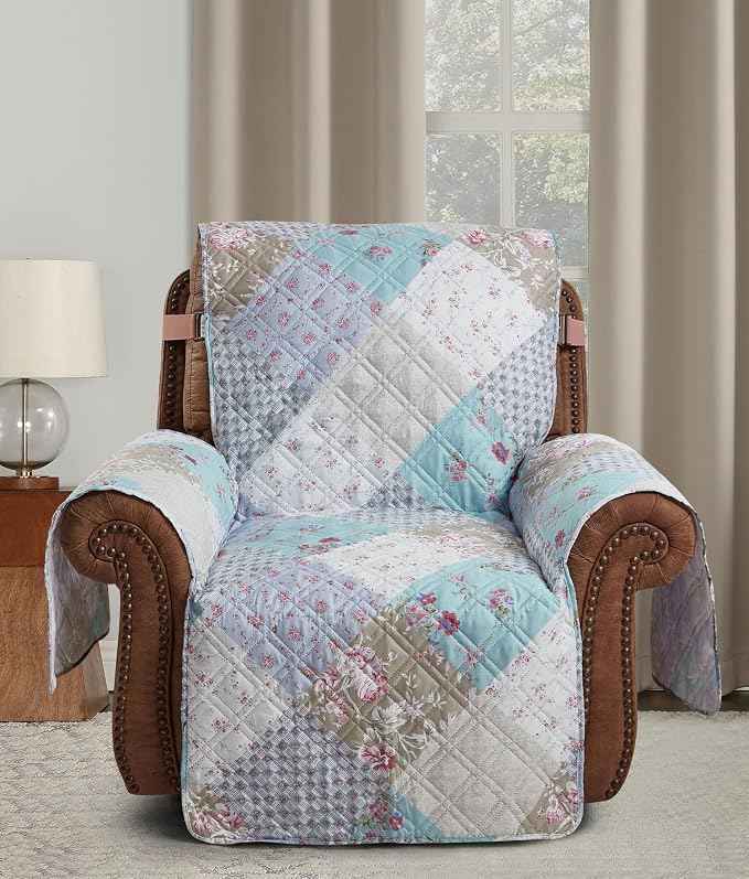 Brilliant Sunshine Blue & Green Roses Couch Recliner Cover, 28" seat | Patchwork Design, Non Slip Sofa Cover, Furniture Protector, Large Washable Reclining Chair Slipcover for Pets, Dogs & Cats - Image 2