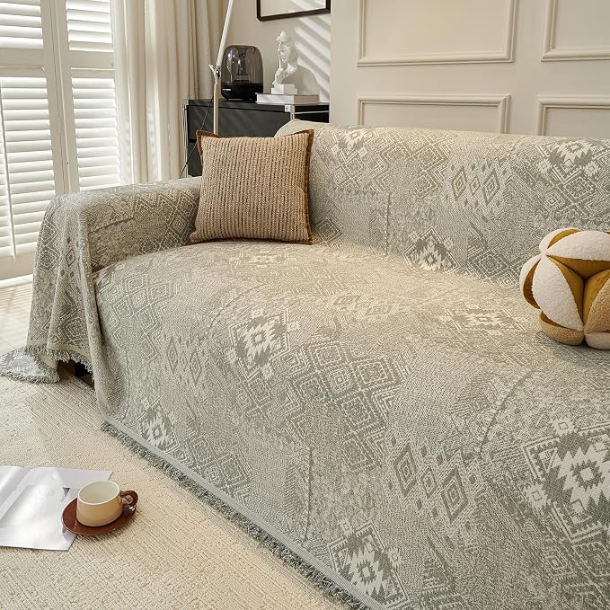 DREAMINGO Couch Cover - Geometric Jacquard, Sage Green, Boho Vintage 3 Cushion Couch Covers for Dogs Washable, Chenille Furniture Protector Sectional Sofa Slipcovers 3 Seater, X-Large 71"x134" - Image 3